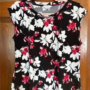 Liz Claiborne Black Blouse with White and Red Floral Design